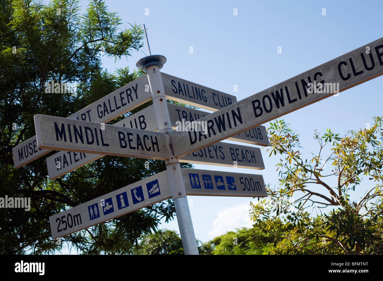 Australien, Northern Territory, Darwin.  Straßenschild für Darwins Attraktionen. Stockfoto