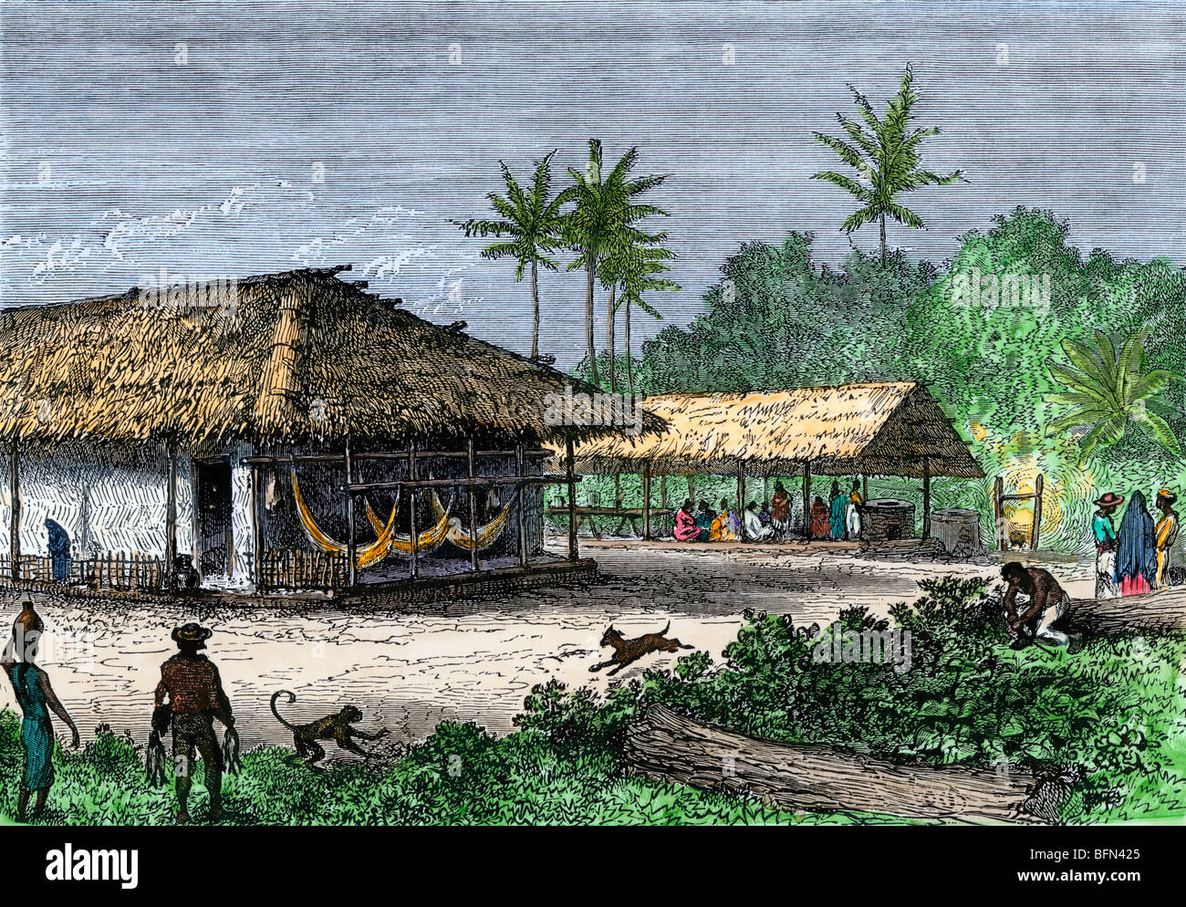 Einheimischen Häusern im Dschungel von Brasilien, 1800. Hand - farbige Holzschnitt Stockfoto