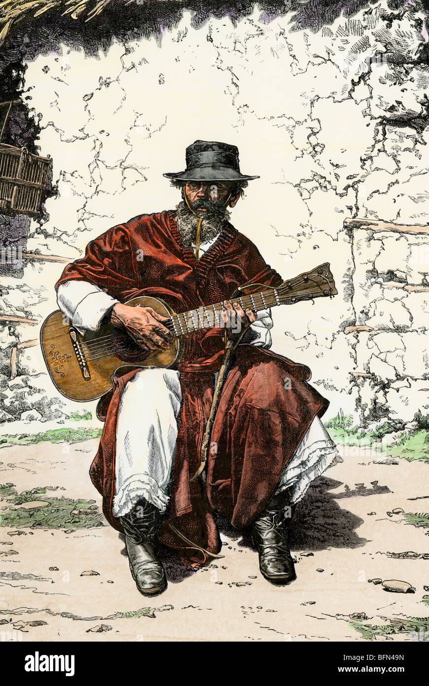 Argentinische 'Gaucho Kantor", oder Cowboy Sänger der Pampas, 1800. Hand - farbige Holzschnitt Stockfoto