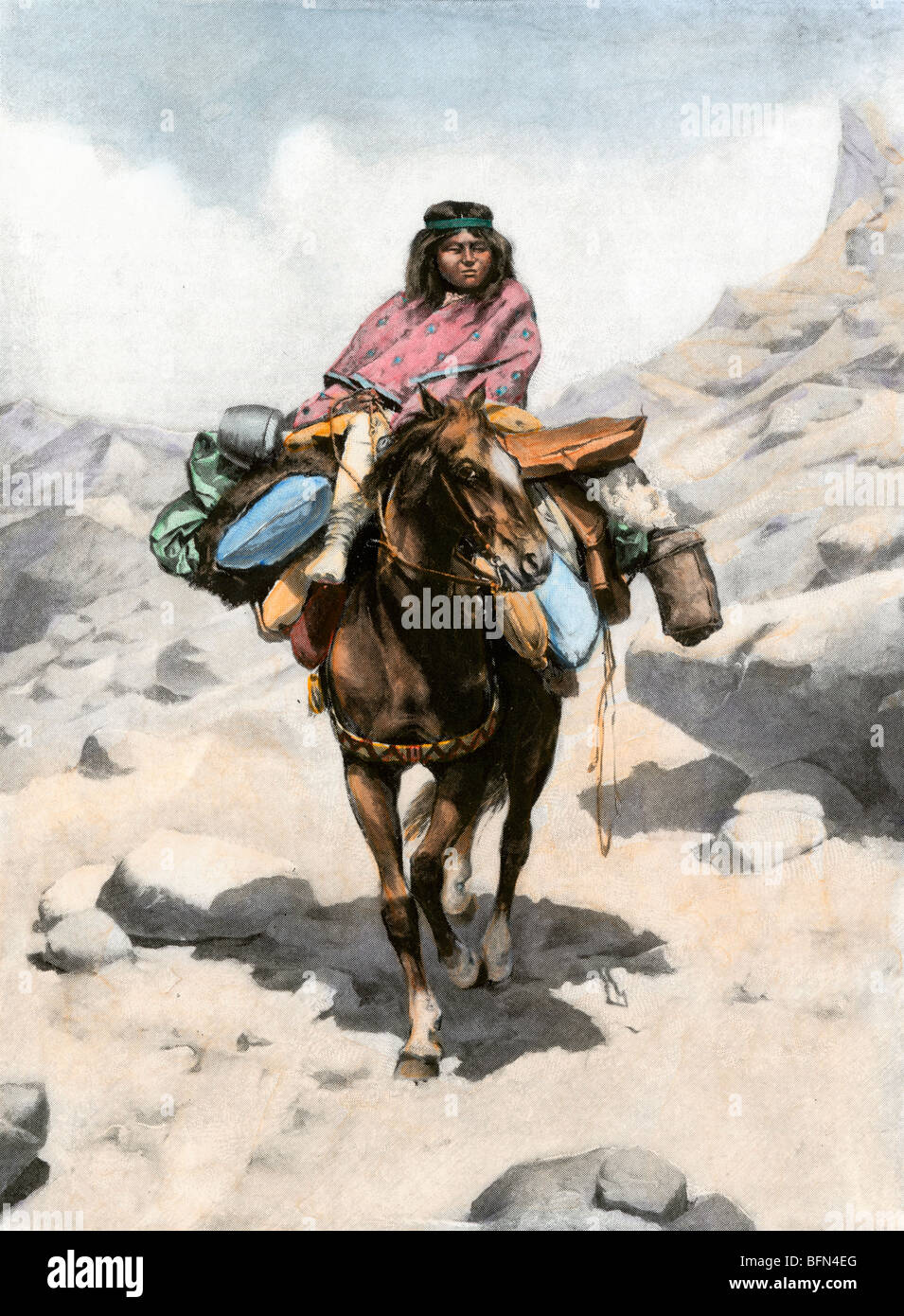 Tehuelche Frau auf dem Pferd in Patagonien, 1800. Handcolorierte halftone einer Abbildung Stockfoto