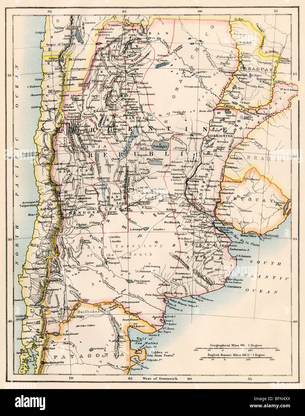 Karte von Argentinien, Uruguay und Paraguay in den 1870er Jahren. Farblithographie Stockfoto