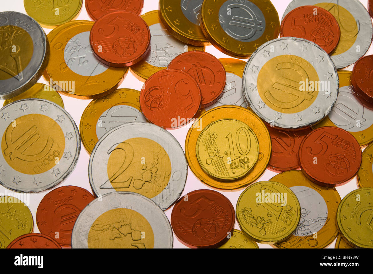 Schokoladen-Münzen für Adventskalender - statt Pfund Euro und Cent Stockfoto