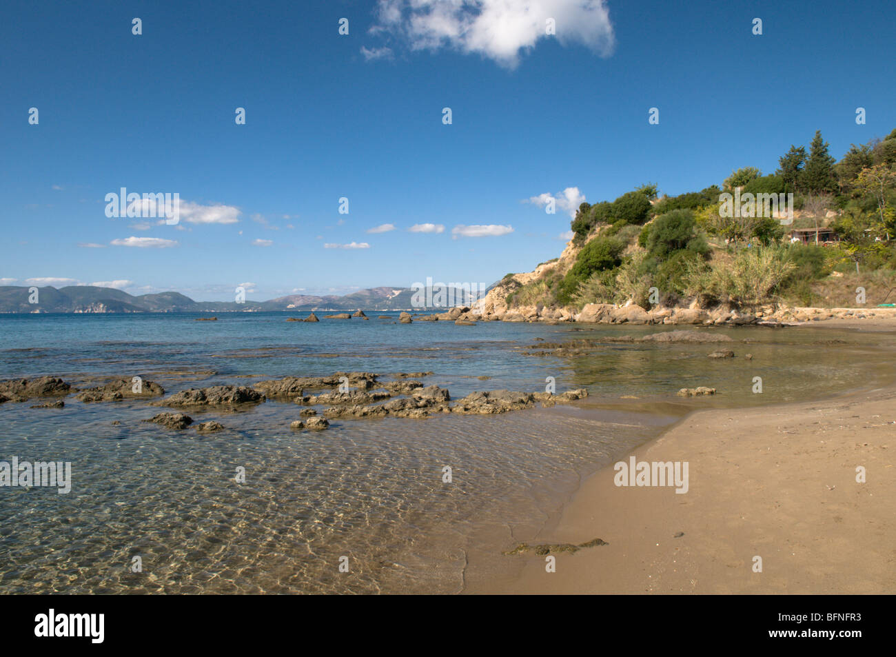 Zante Zakynthos Dafni Strand. Blick über den Golf von Laganas. Verschachtelung Bereich die Unechte Karettschildkröte (Caretta Caretta) Stockfoto