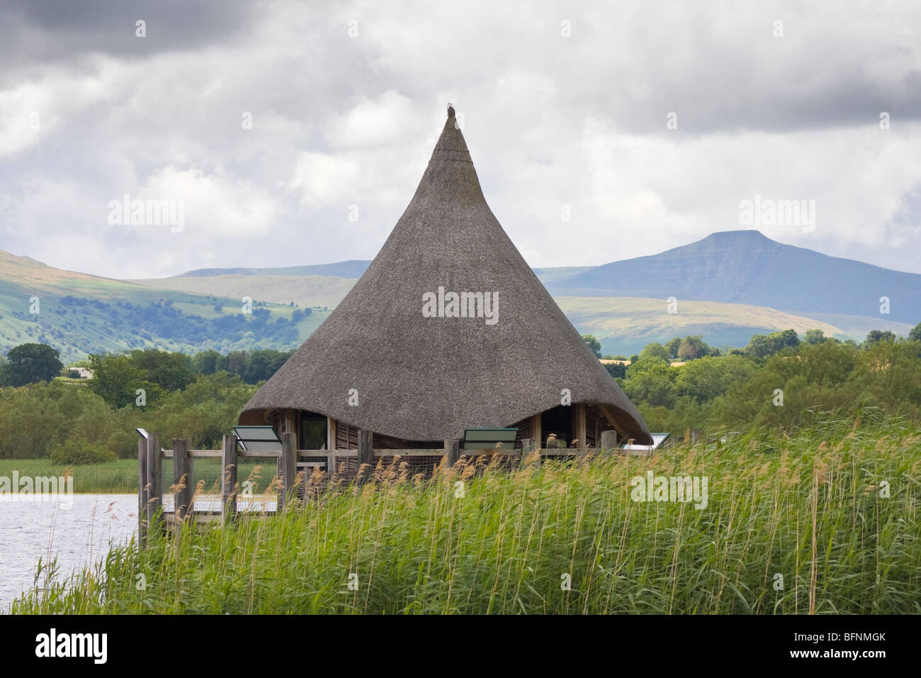 Strohgedeckte Hütte am Llangorse See Stockfoto