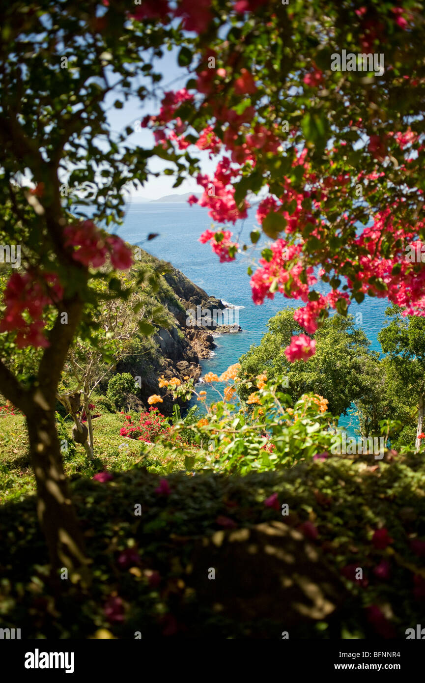 Die Aussicht vom Hauptrestaurant auf Guana Island, Britische Jungferninseln Stockfoto