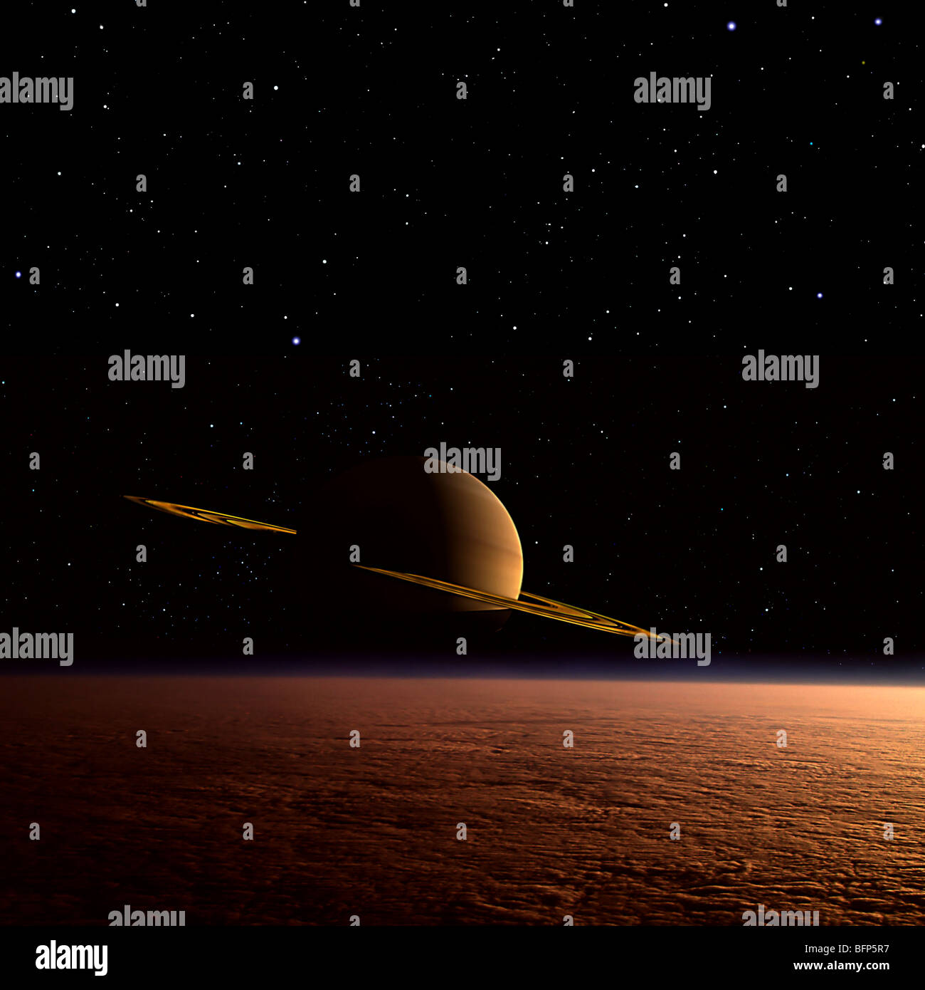 Saturn schwebt im Hintergrund über Titan. Stockfoto