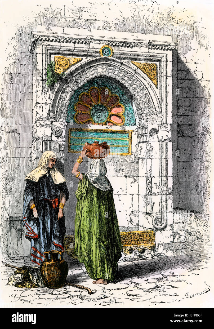 Arabische Frauen, die Wasser aus einem Brunnen in Jerusalem, 1800. Hand - farbige Holzschnitt Stockfoto