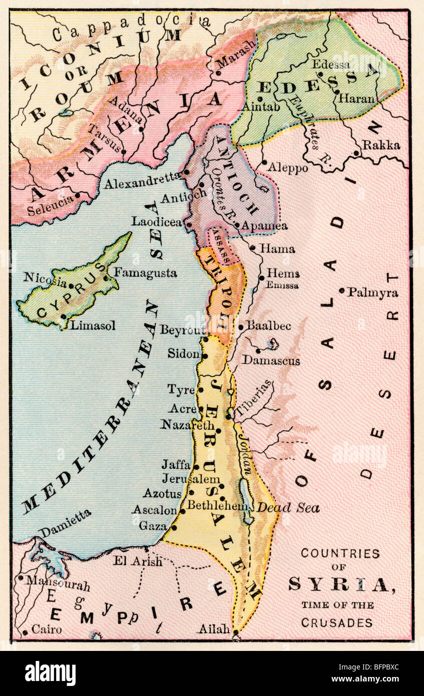 Karte des Nahen Ostens Empire Saladin zur Zeit der Kreuzzüge. Farblithographie Stockfotografie 
