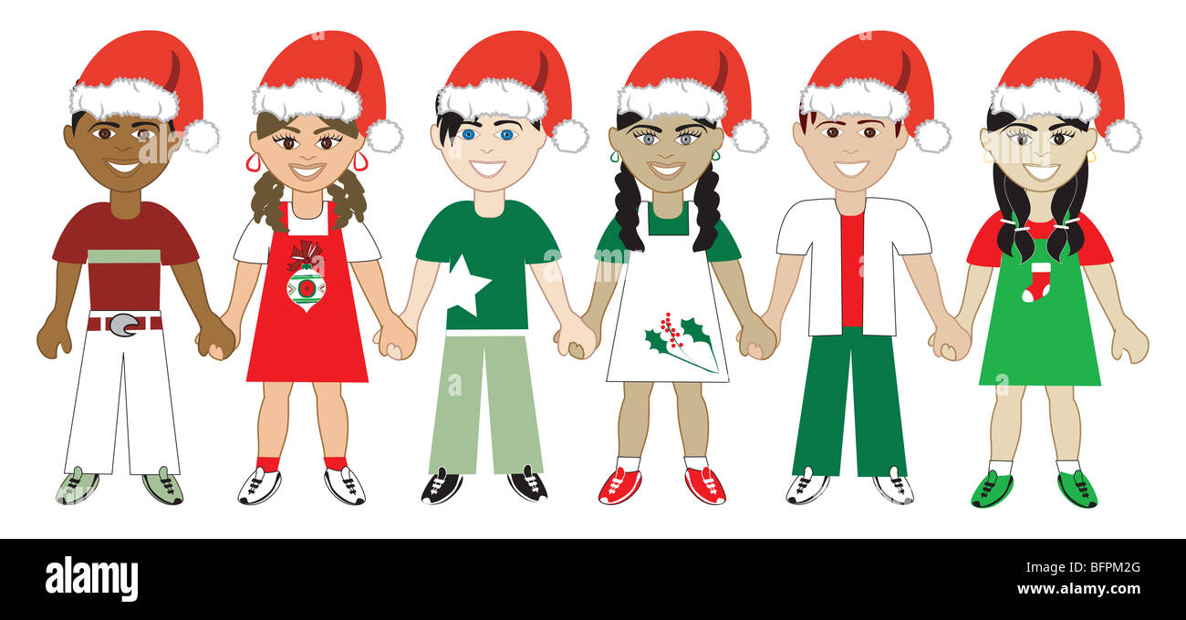 Vektor-Illustration von 6 Kindern unterschiedlicher ethnischer Herkunft für den Urlaub. Stockfoto