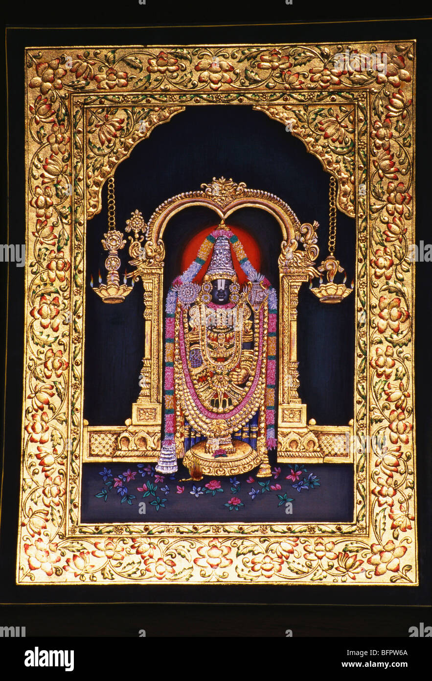 BDR 66411: Tirupati Tripati Balaji Miniaturmalerei auf Papier mit goldener Prägung Stockfoto