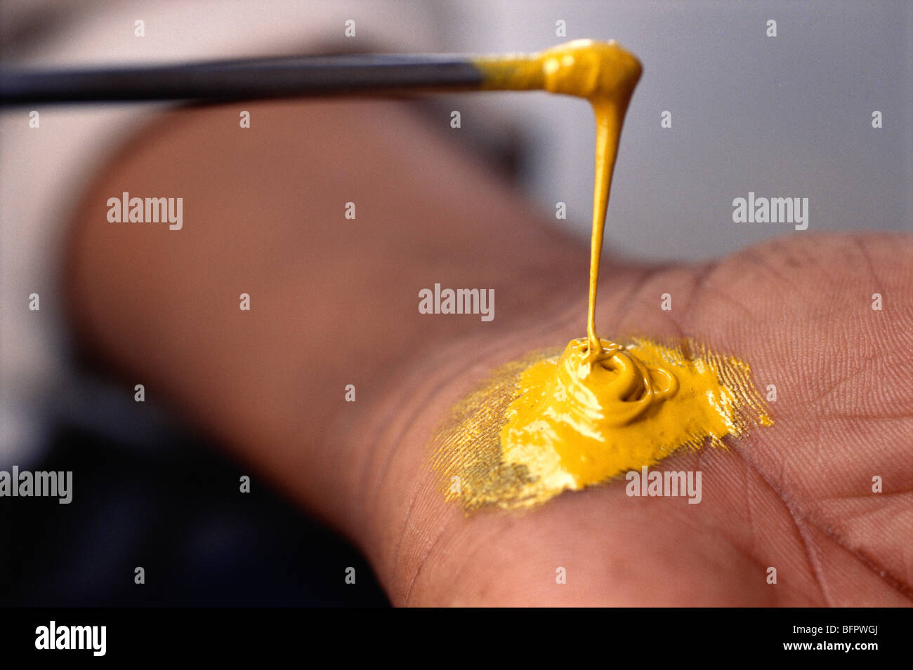 Rogan persische Kunst stoff Malerei Handwerk gelb natürliche Farbe Öl pigment Paint einfügen auf Metall pin Bürste Nirona Kutch Gujarat Indien - prm 66483 Stockfoto