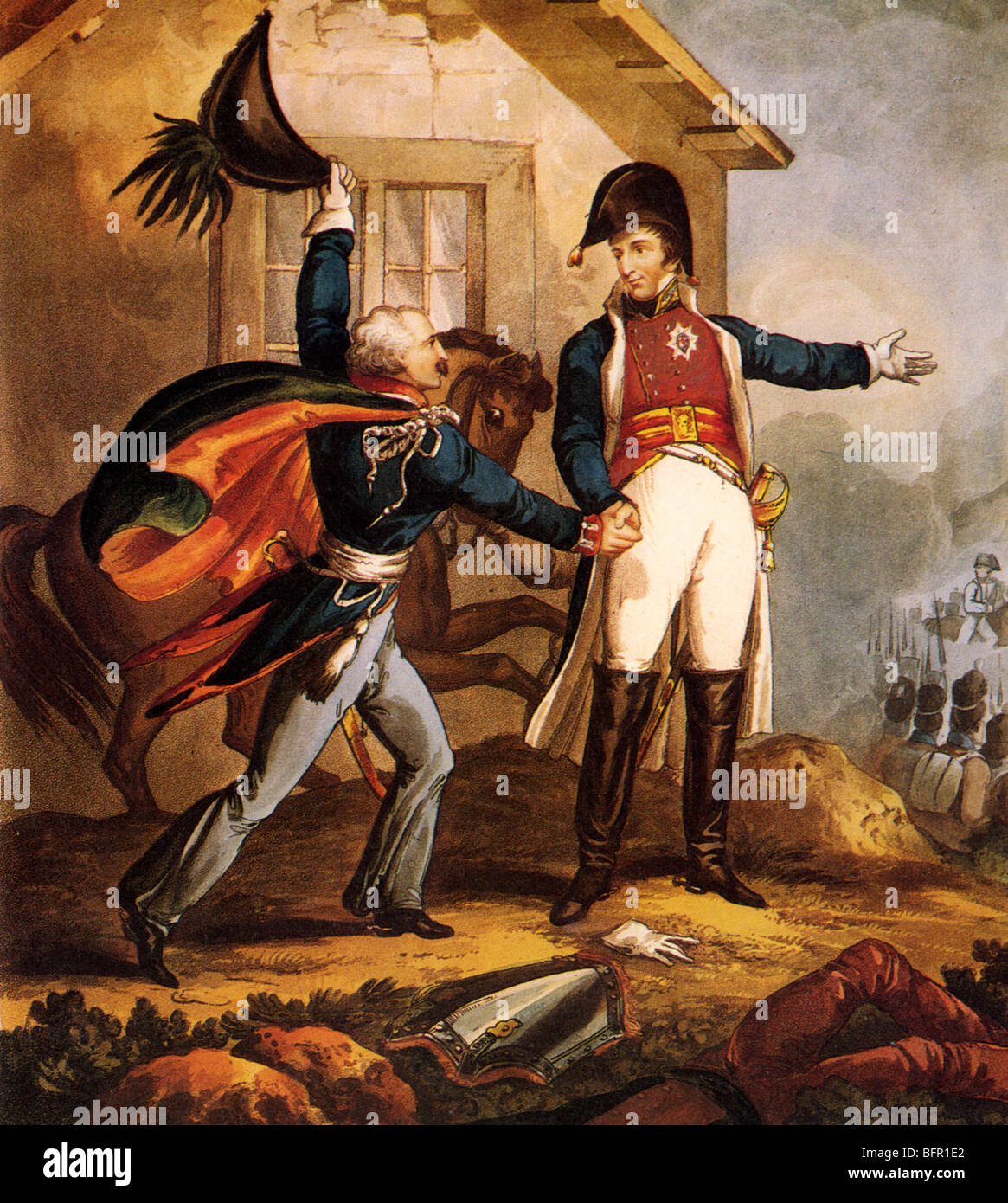 Blücher trifft der Herzog von Wellington im La Belle Alliance Inn während der Schlacht von Waterloo (siehe Beschreibung unten) Stockfoto