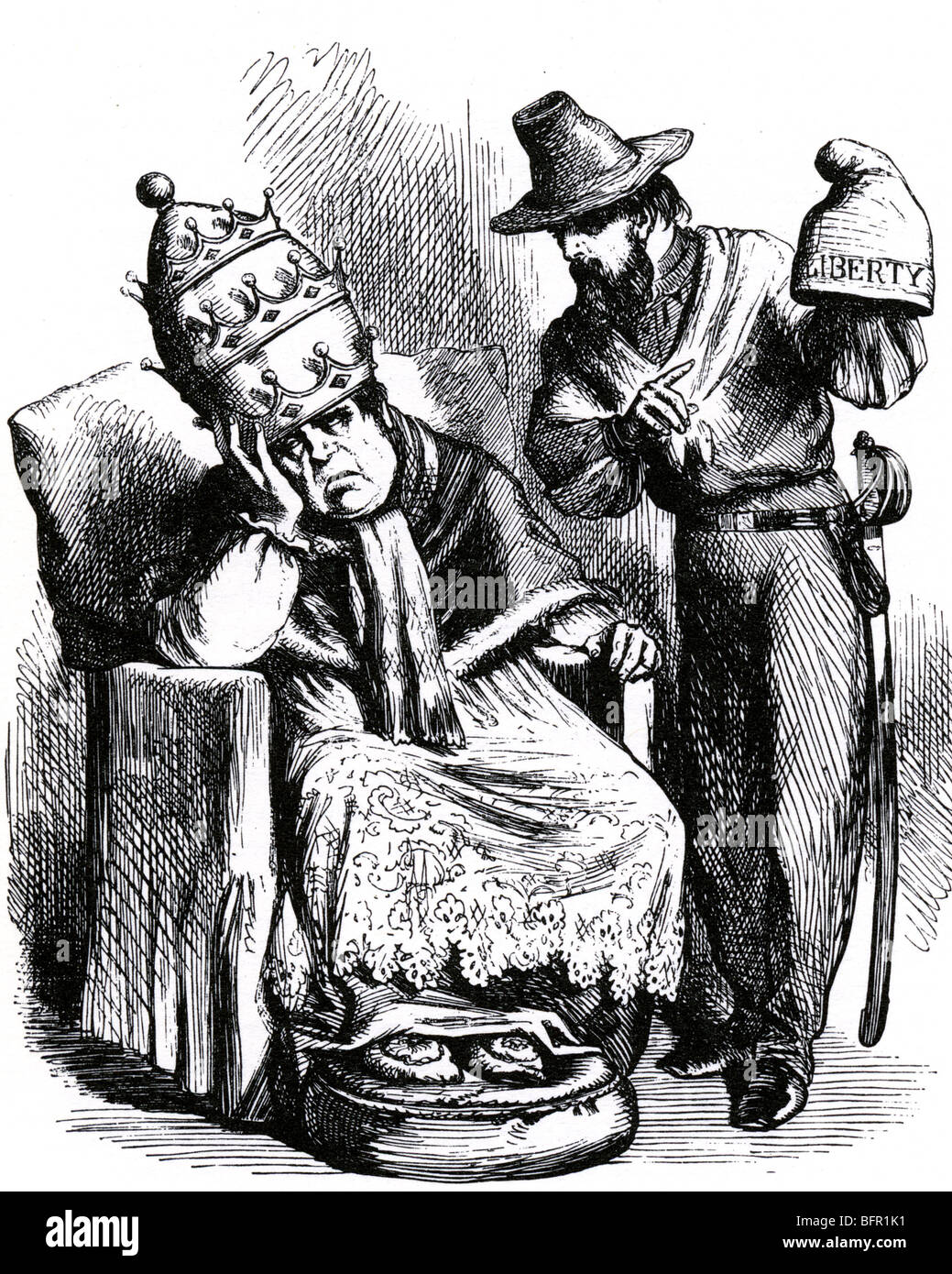 GIUSEPPE GARIBALDI fordert Papst Pius IX, die Kappe der Freiheit - eine liberalere Politik-in dieser englischen Karikatur im Jahre 1860 zu akzeptieren Stockfoto