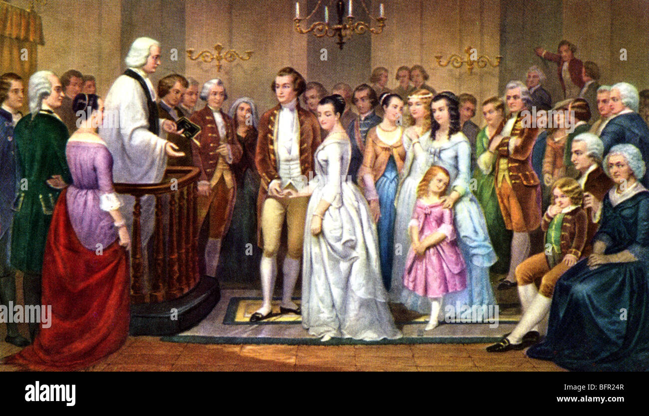 GEORGE WASHINGTON - seine Ehe mit der Witwe Martha Dandridge Custis auf 6. Januar 1759 in einer Lithographie von Regnier Stockfoto