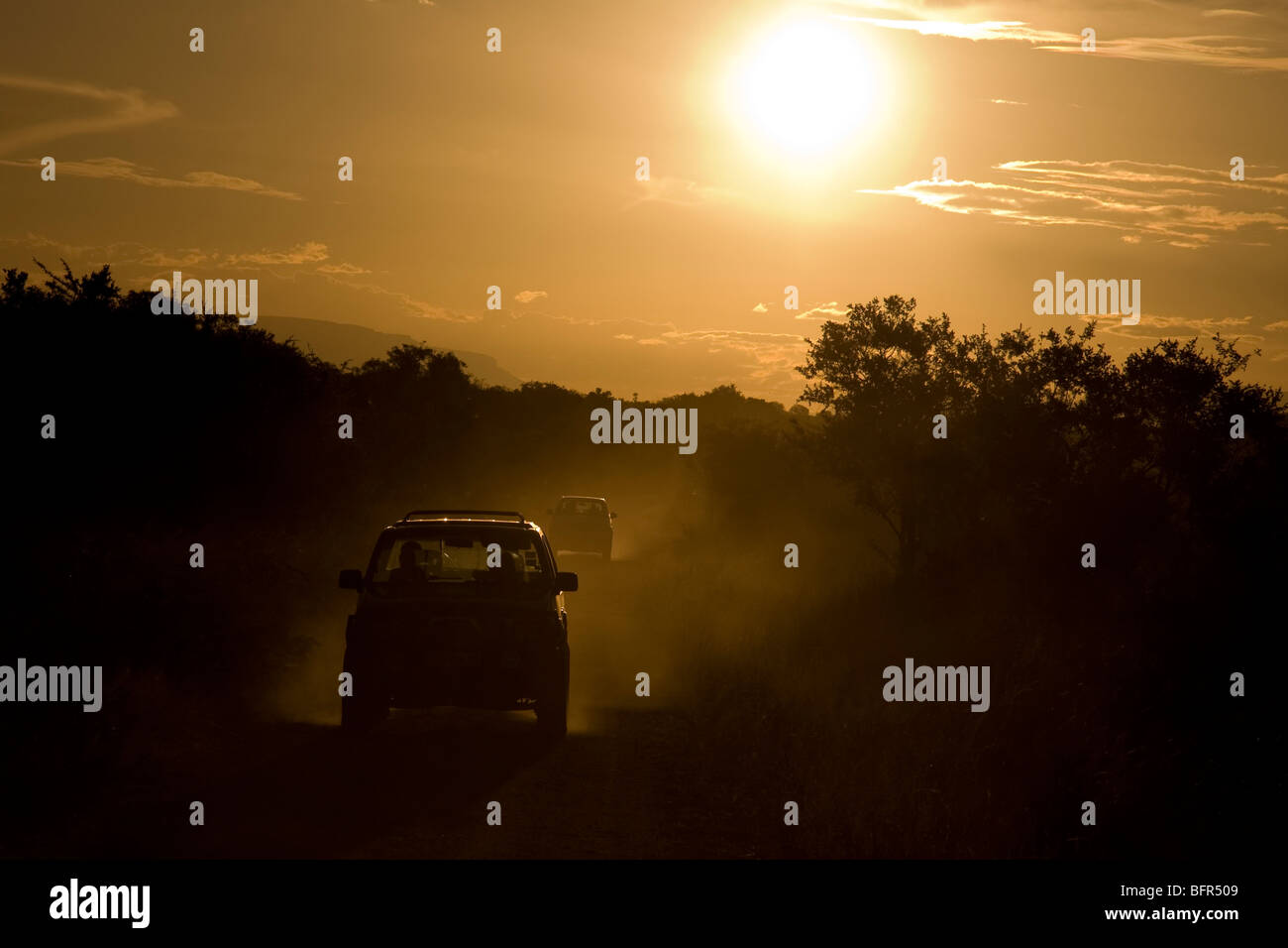 Zwei Fahrzeuge im Konvoi Silhouette in der Abenddämmerung auf einer ländlichen Landstraße Stockfoto