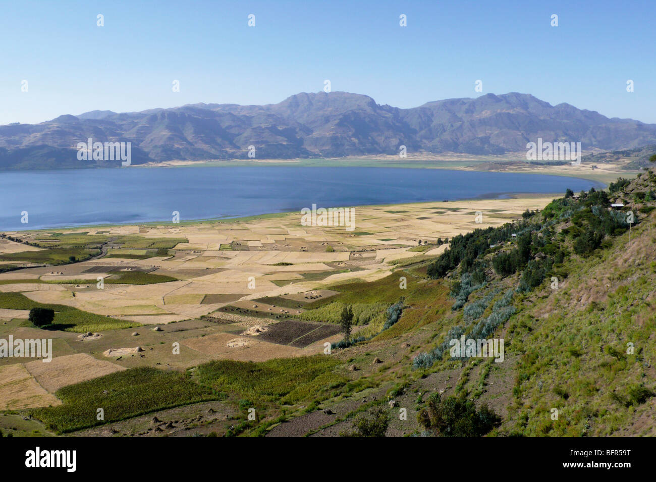 Blick über landwirtschaftliche Flächen von Hochebene in Richtung Tal See umgeben von Landwirtschaft Stockfoto