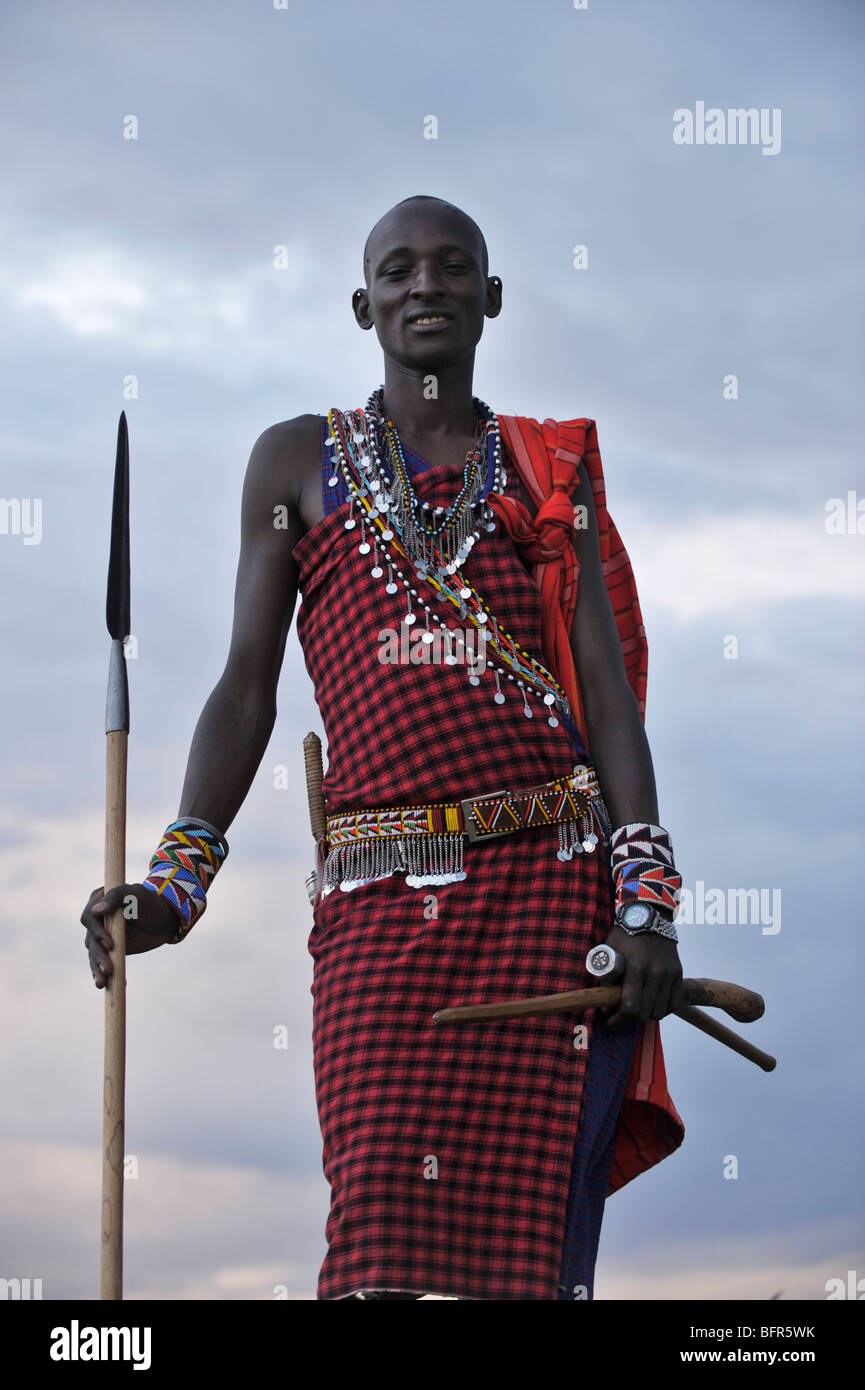 Maasai Moran oder Krieger mit Speer Stockfoto
