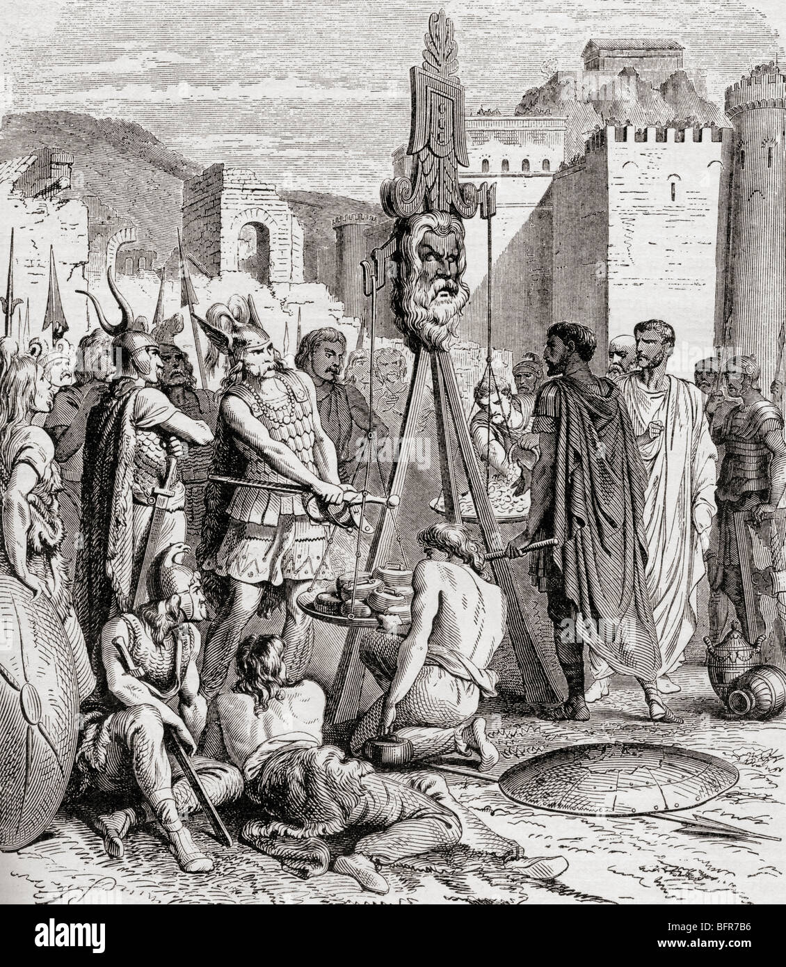 Der gaulische Chef Brennus dringt 390 v. Chr. nach der Schlacht an der Allia in Rom ein. Römer versuchten, ihr Heil mit Gold zu kaufen. Stockfoto