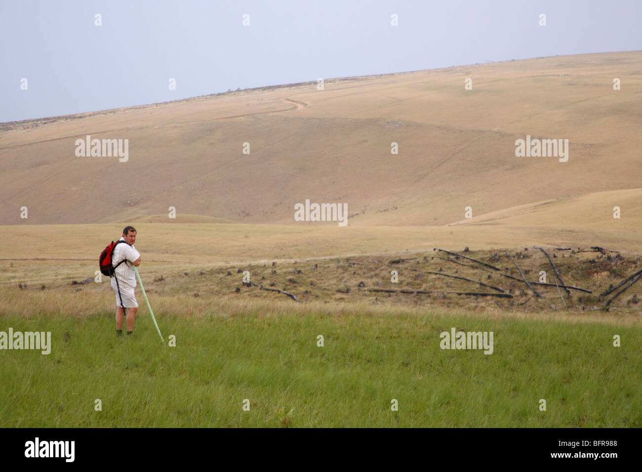 Ein Wanderer ruht in Grünland Bergkulisse Stockfoto