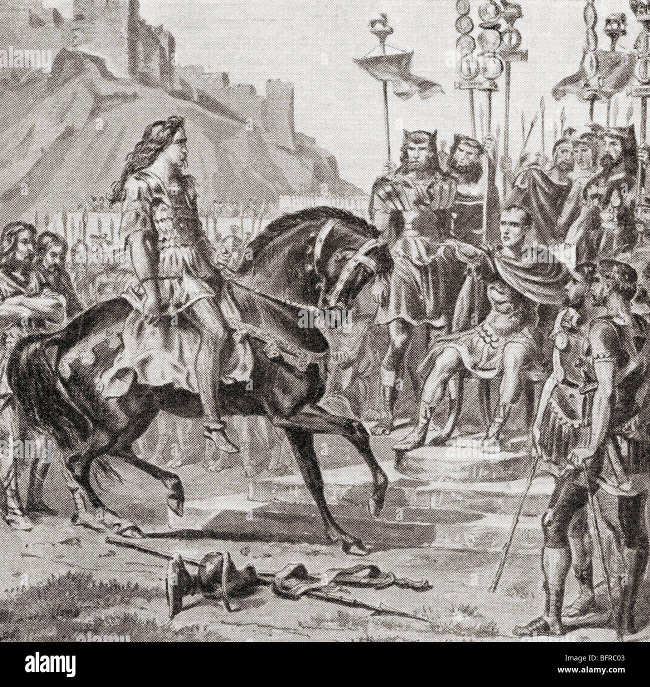 Vercingetorix wirft seine Arme vor Julius Caesar, 52BC der gallische Führer. Stockfoto