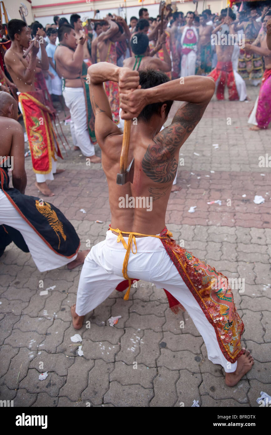 Anhänger an das vegetarische Festival, Phuket, Thailand Stockfoto