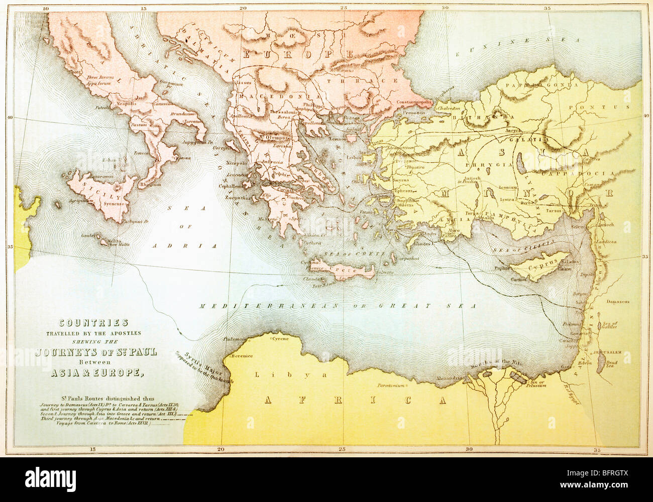 Länder von den Aposteln gereist und zeigt die Reisen des Paulus zwischen Asien und Europa. Stockfoto