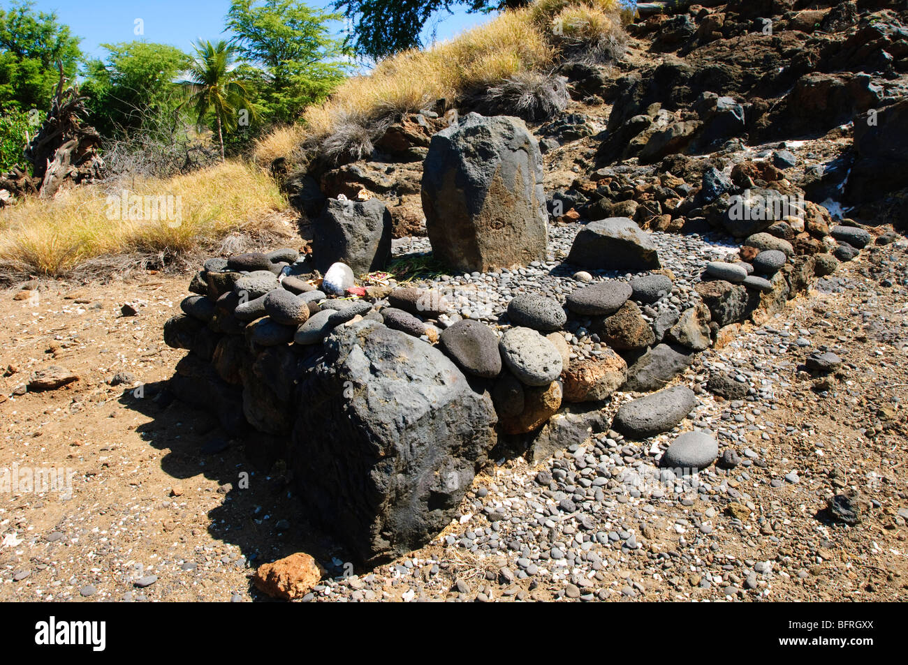 Ruinen in Puukohola Heiau National Historic Site, Big Island Hawaii. Stockfoto