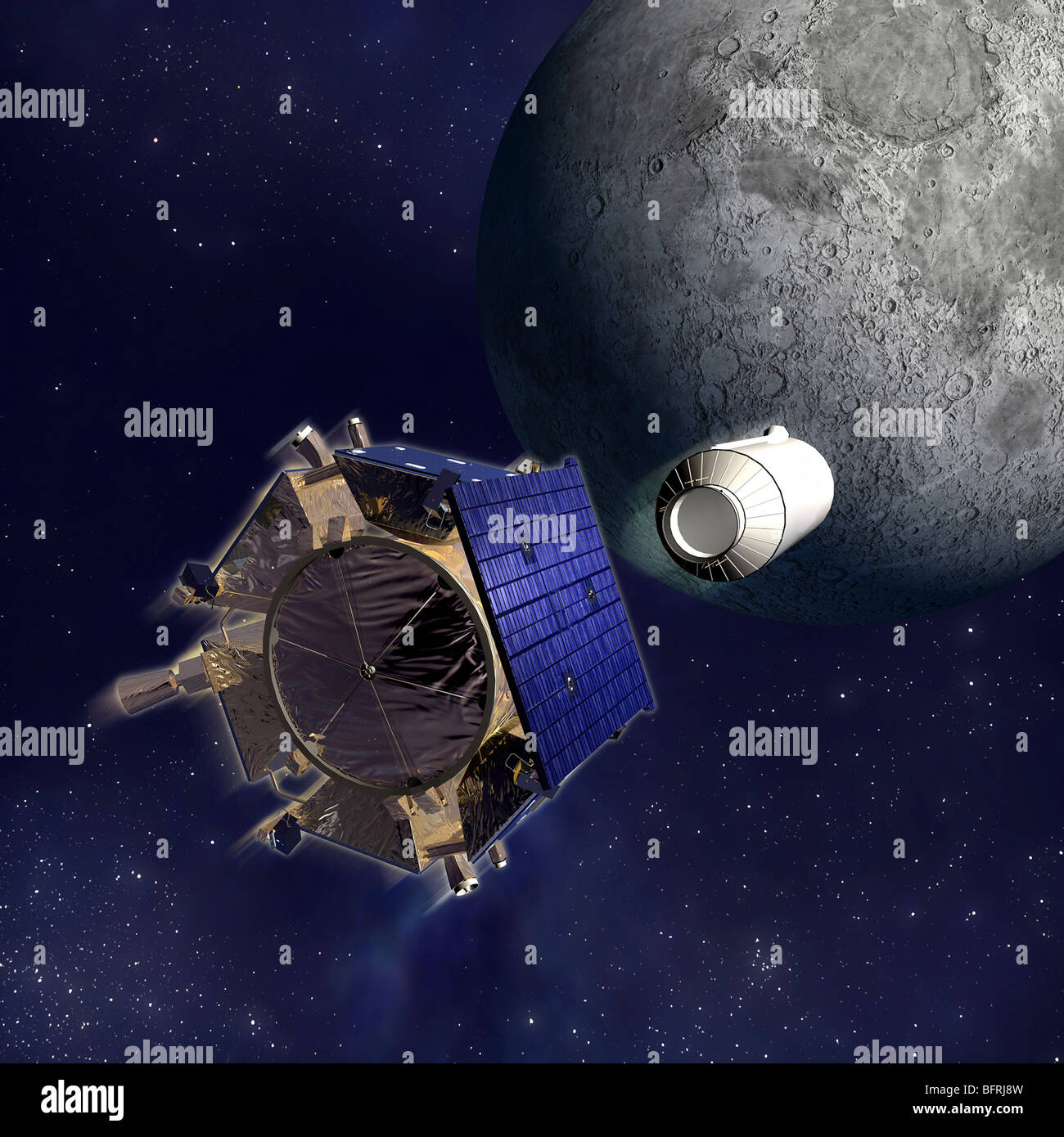 Des Künstlers Illustration des Lunar Crater Observation und Sensing Satellite (LCROSS). Stockfoto