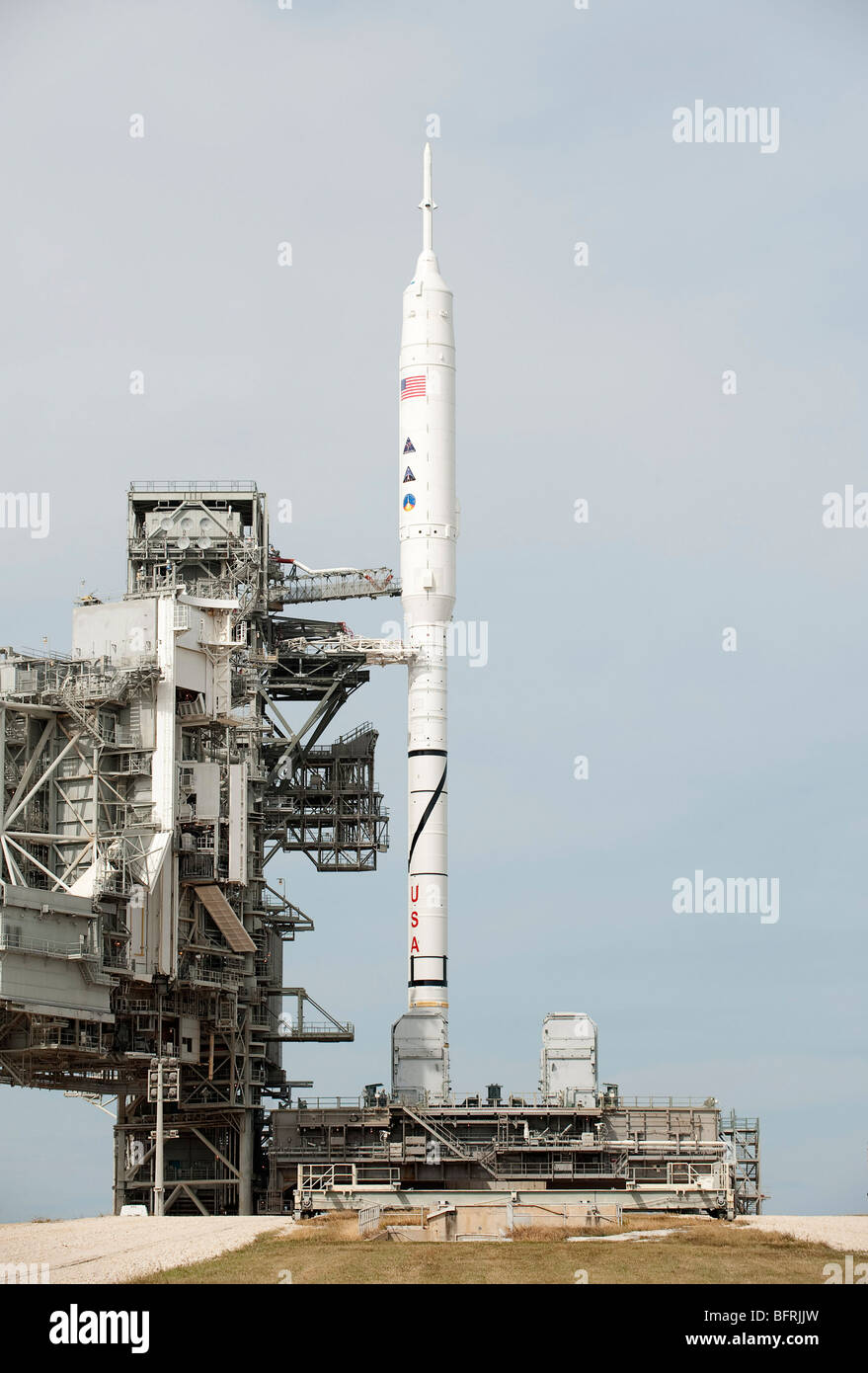 Die Ares-X Rakete auf der Startrampe am Kennedy Space Center gesehen. Stockfoto