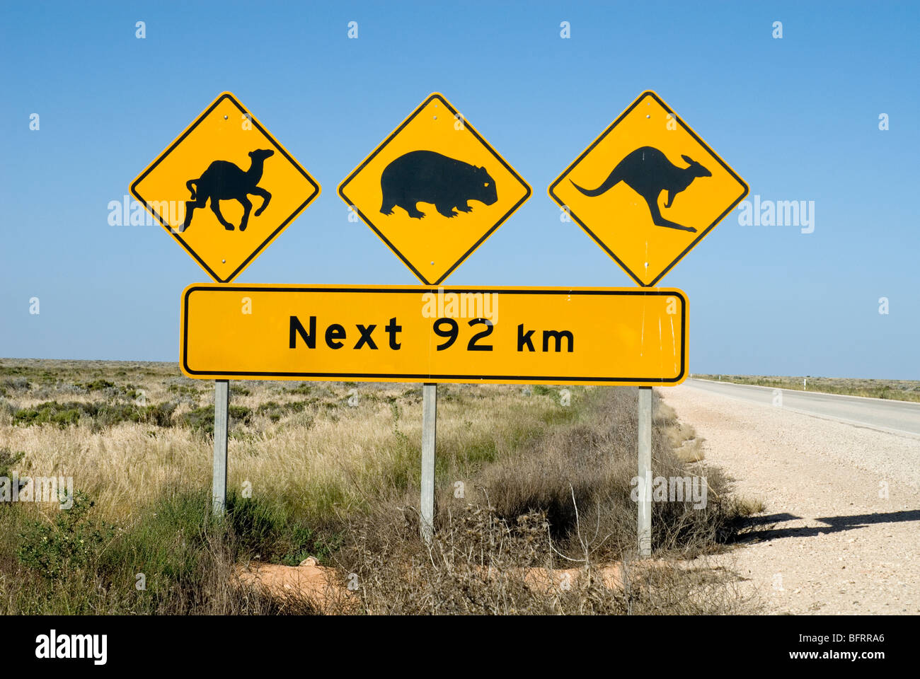 Verkehr-Warnschild am Eyre Highway, Nullarbor Plain, South Australia Stockfoto