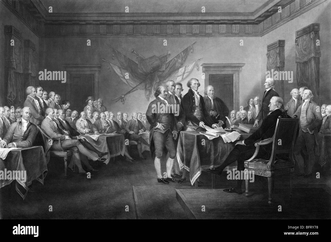 Gravur Druck ca. 1876 basierend auf John Trumbull's berühmtem Gemälde "Declaration of Independence" (Inbetriebnahme im Jahre 1817). Stockfoto