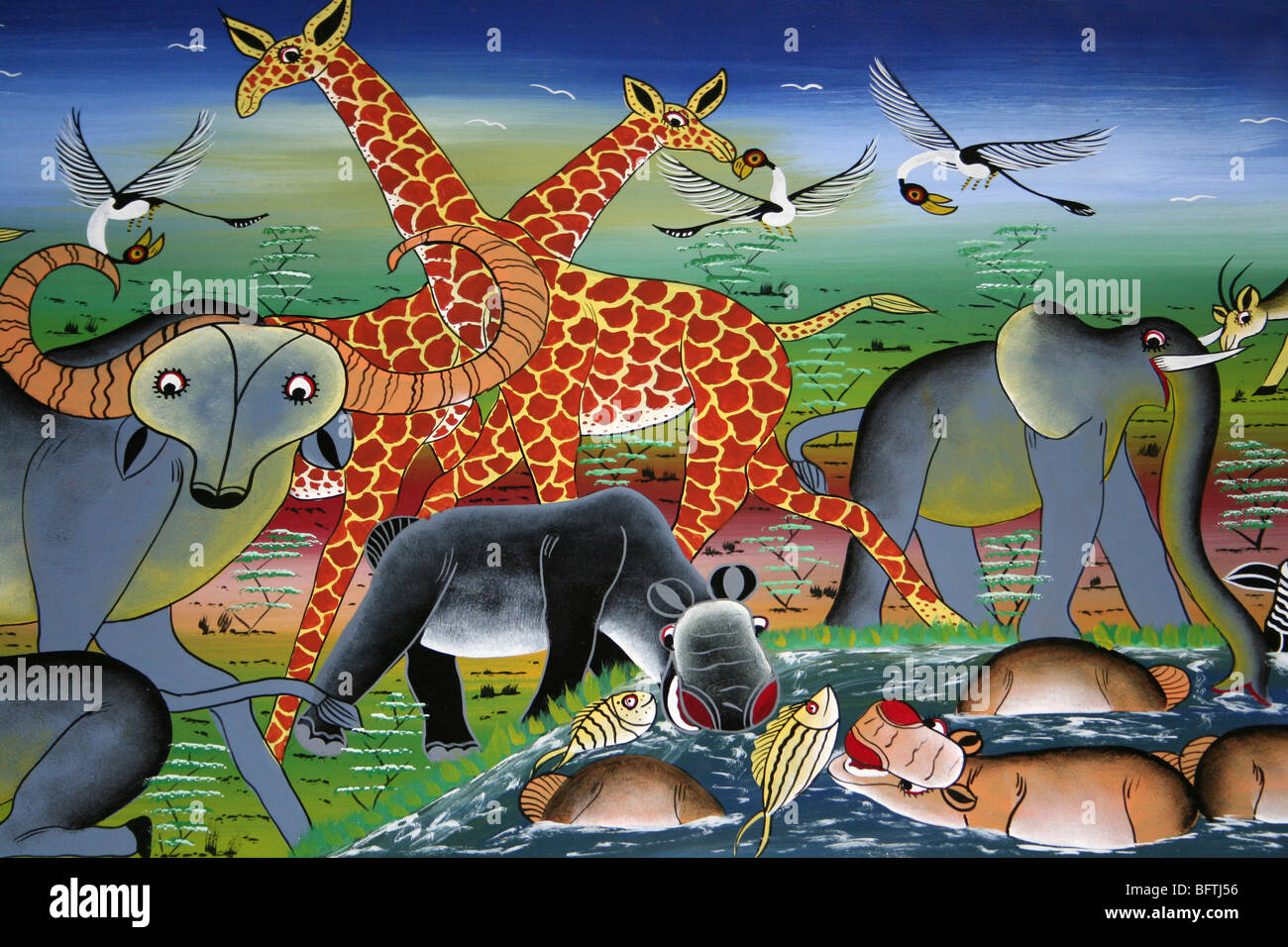 Traditionelle Tinga Tinga Malerei zeigt afrikanische Tierwelt genommen In Arusha, Tansania Stockfoto