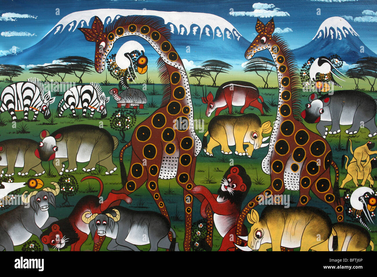Traditionelle Tinga Tinga Malerei zeigt afrikanische Tierwelt genommen In Mto Wa Mbu, Tansania Stockfoto