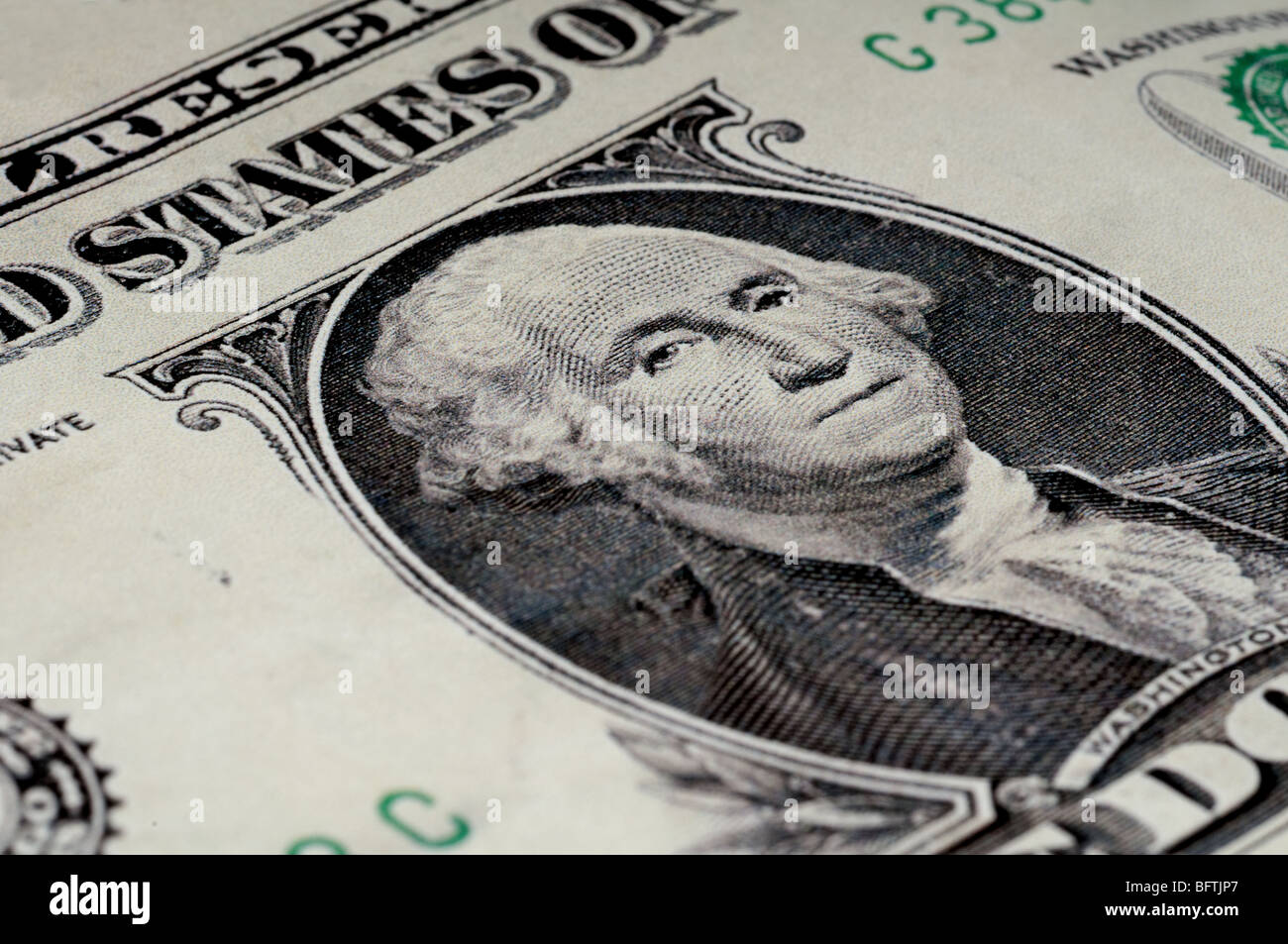 Geneigte Makro von George Washington auf einer amerikanischen 1-Dollar-Schein Stockfoto