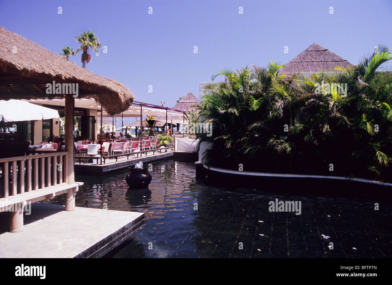 Restaurant, Estapona Gegend, in der Nähe von Malaga. Spanien. Tourismus. Essen und trinken in Spanien. Palmen, Wasser Feature in Restaurants in der Nähe Küste Stockfoto