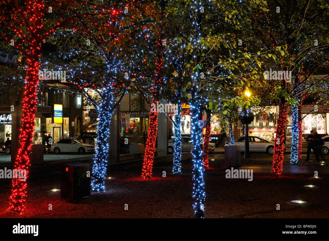 Yorkville park Weihnachten Lichter in der Nacht mit Geschäften in der Innenstadt von Toronto Stockfoto