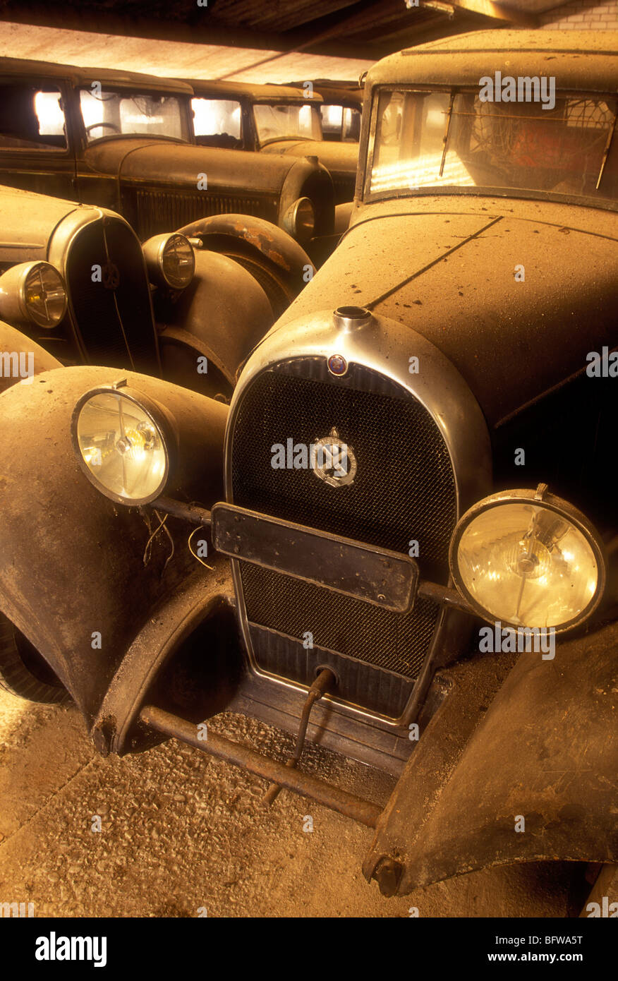 Gruppe von alten Autos gespeichert in einer Scheune Stockfoto