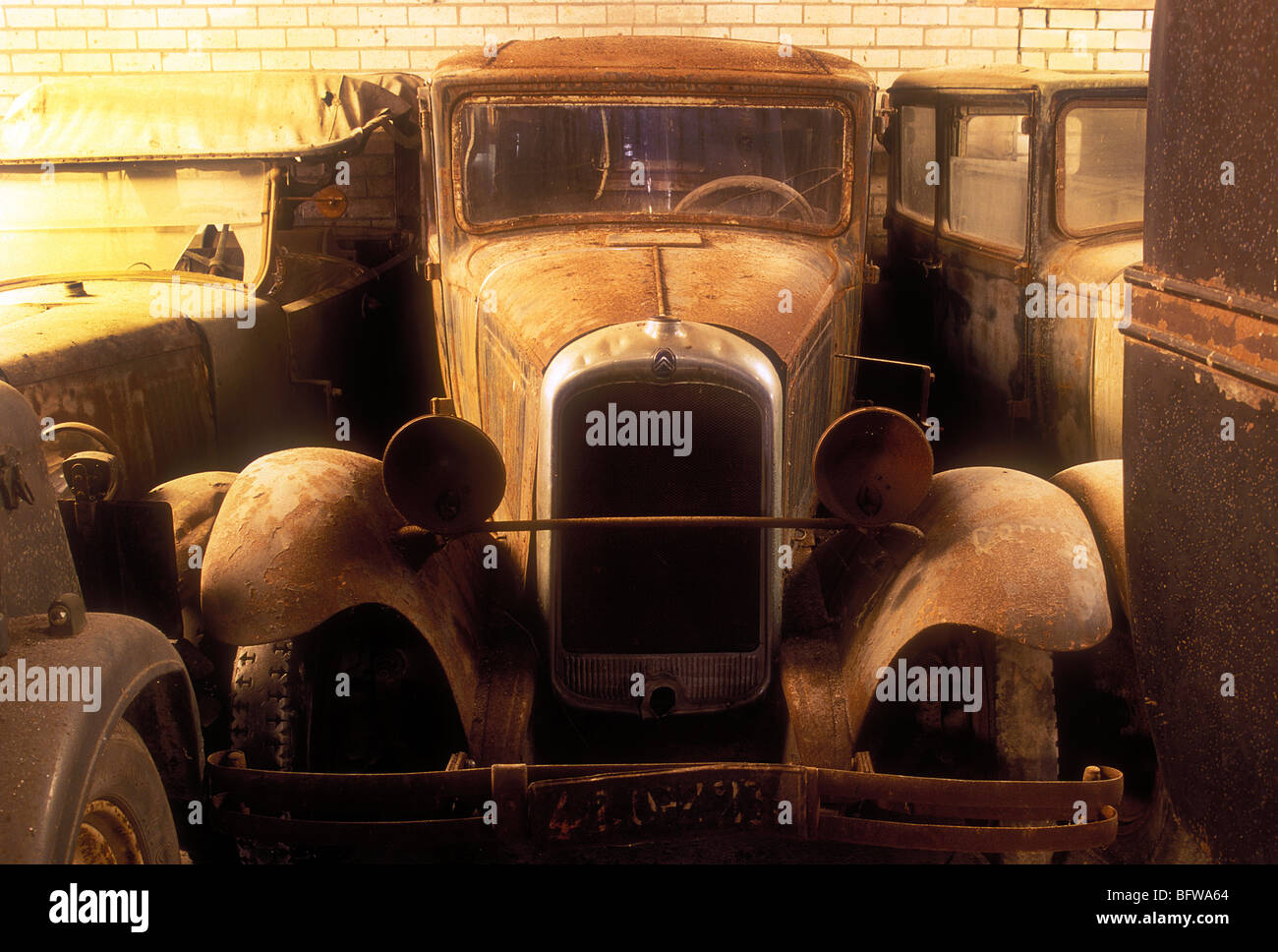 Gruppe von alten Autos gespeichert in einer Scheune Stockfoto