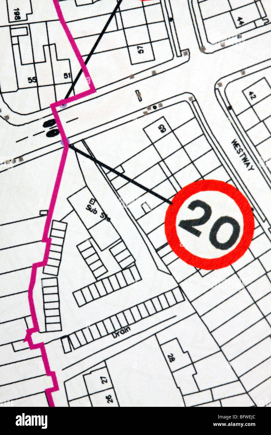 Städtische Planung Straße Verkehrsberuhigung 20 km/h Höchstgeschwindigkeit Zeichen Zonen Pläne in GB UK Stadt Stockfoto