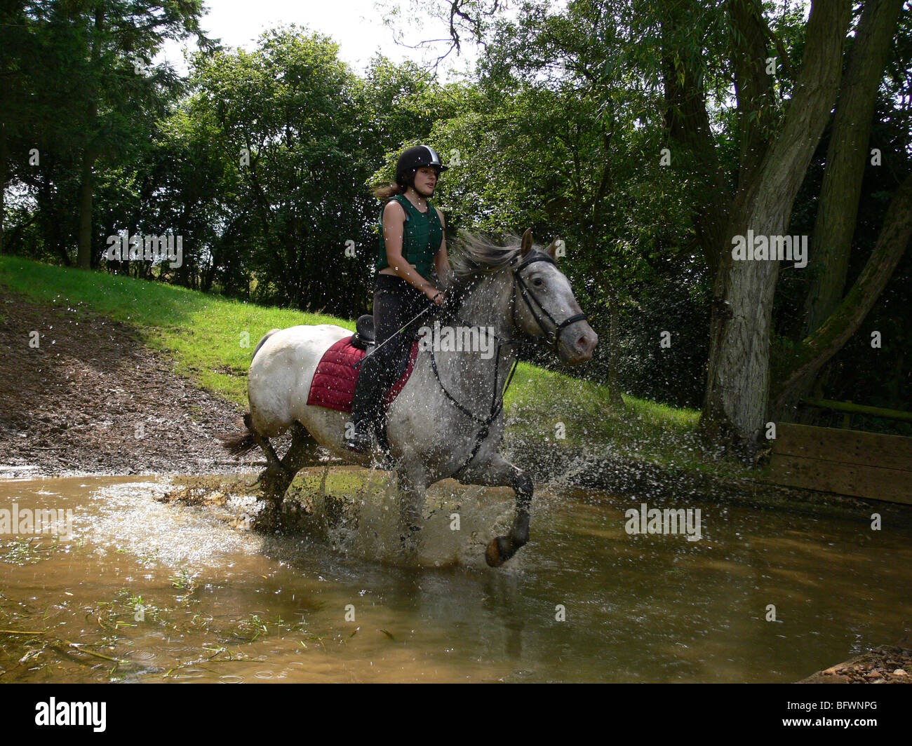 Teenager-Mädchen spritzen durch Wasser auf pony Stockfoto