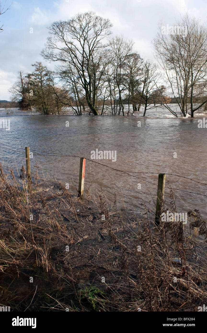 Überfluteten Ackerland zeigt Großballen und Zäune beschädigt Stockfoto