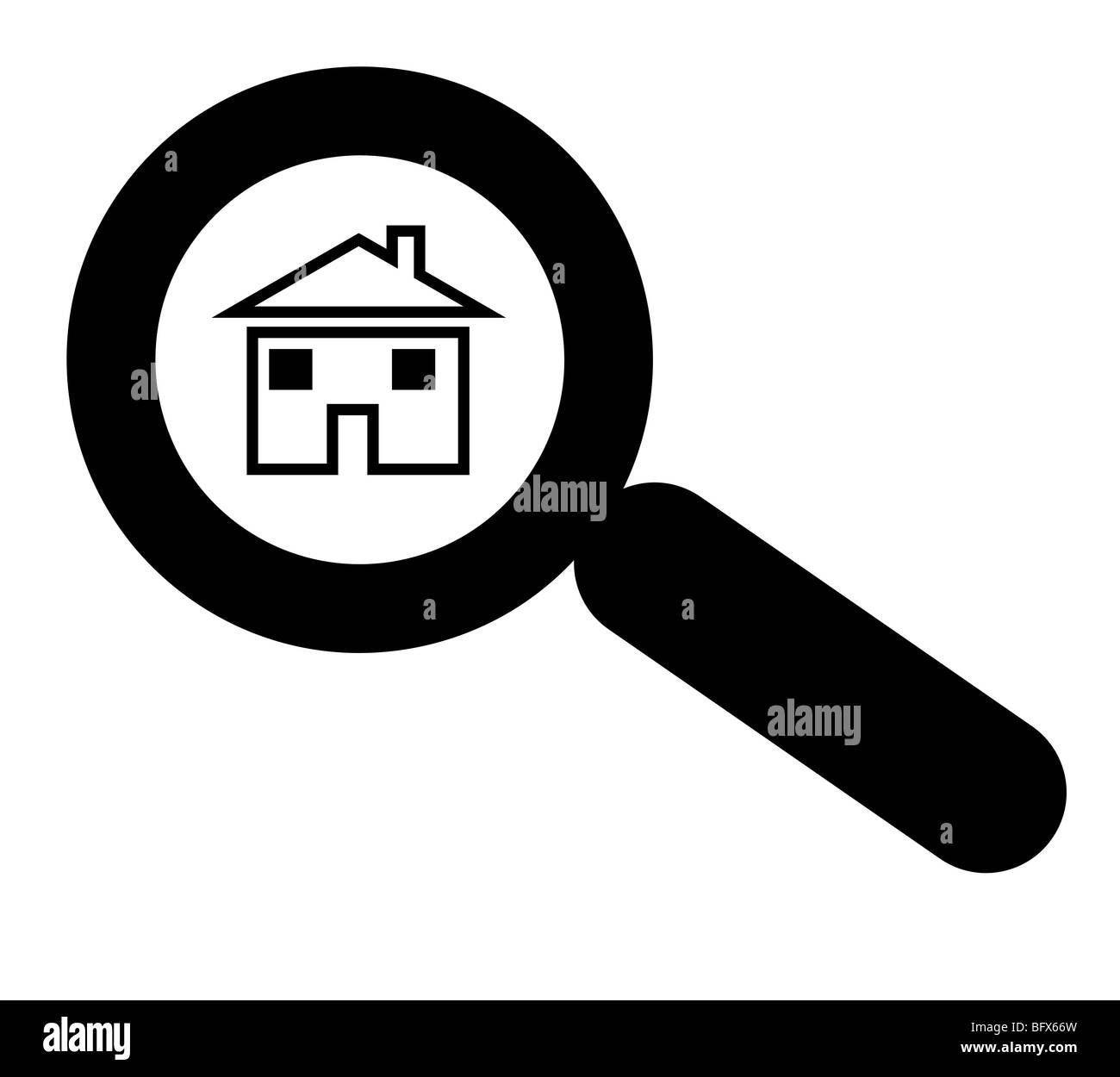 Lupe über dem Haus oder zu Hause, Silhouette in schwarz auf weißem Hintergrund. Stockfoto