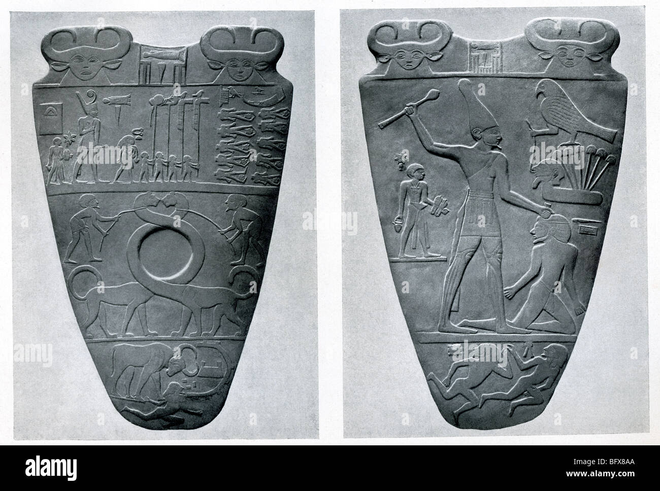 Die Reliefs auf der Narmer-Palette werden gedacht, um die Vereinigung von Ober- und Unterägypten unter Narmer der 1. Dynastie darstellen. Stockfoto