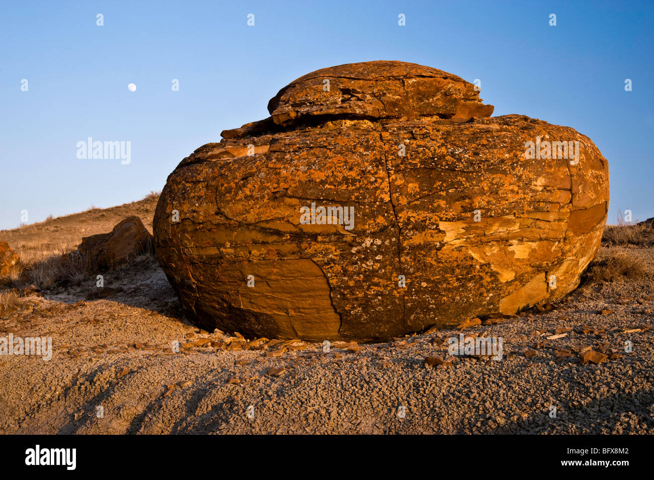 Exponierten Konkretion Felsbrocken in und aufgehenden Mond in Red Rock Coulee, in der Nähe von sieben Personen, Alberta, Kanada Stockfoto