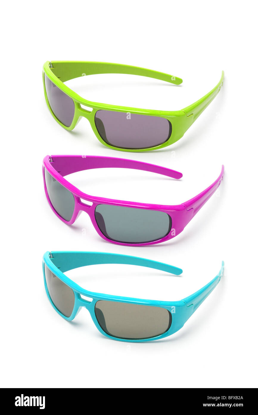 Multicolor Spielzeug Sonnenbrille auf weißem Hintergrund Stockfoto