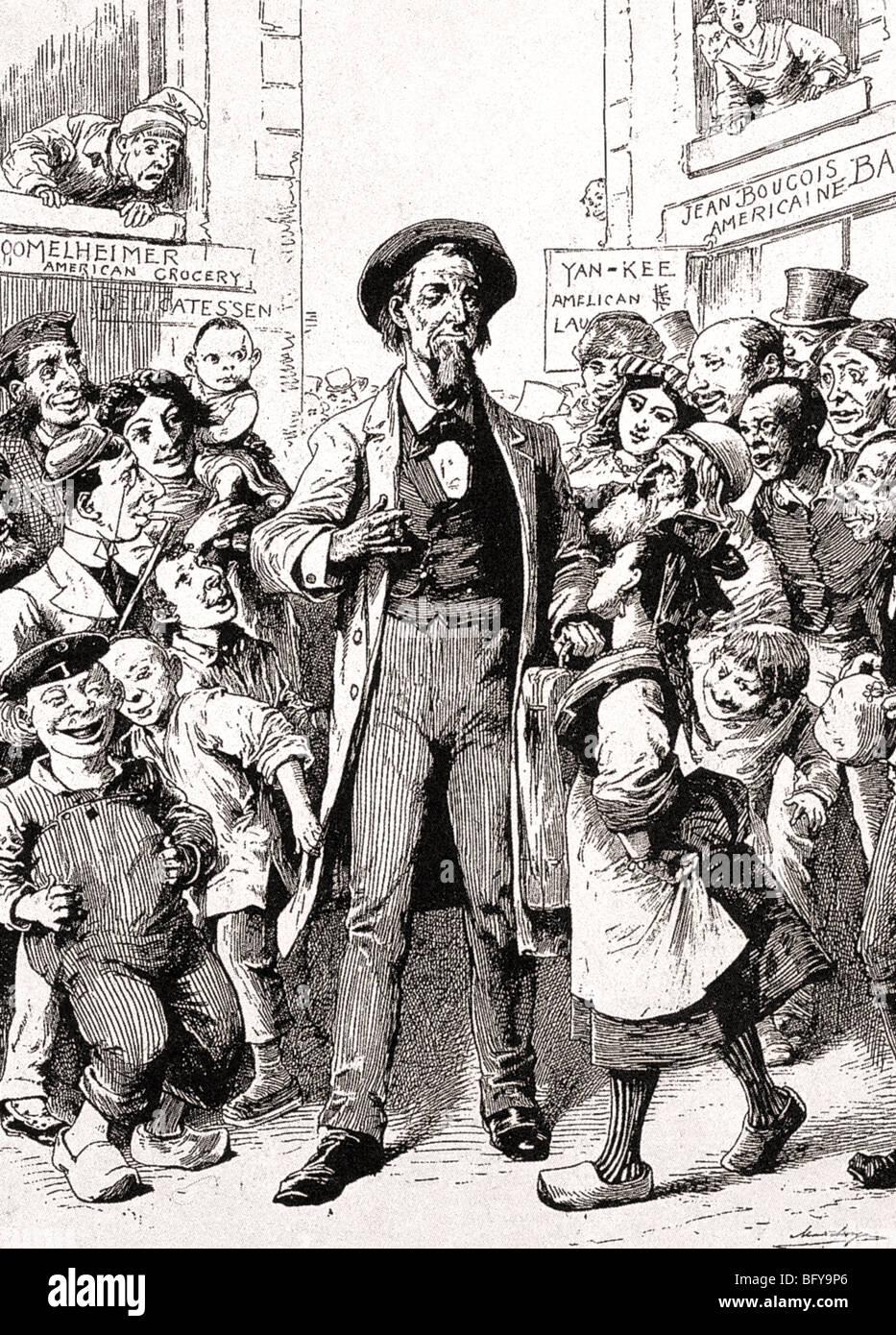 UNCLE SAM findet sich den nur "echten" Amerikaner unter einer Horde von freundlichen Einwanderer im späten 19. Jahrhundert cartoon Stockfoto