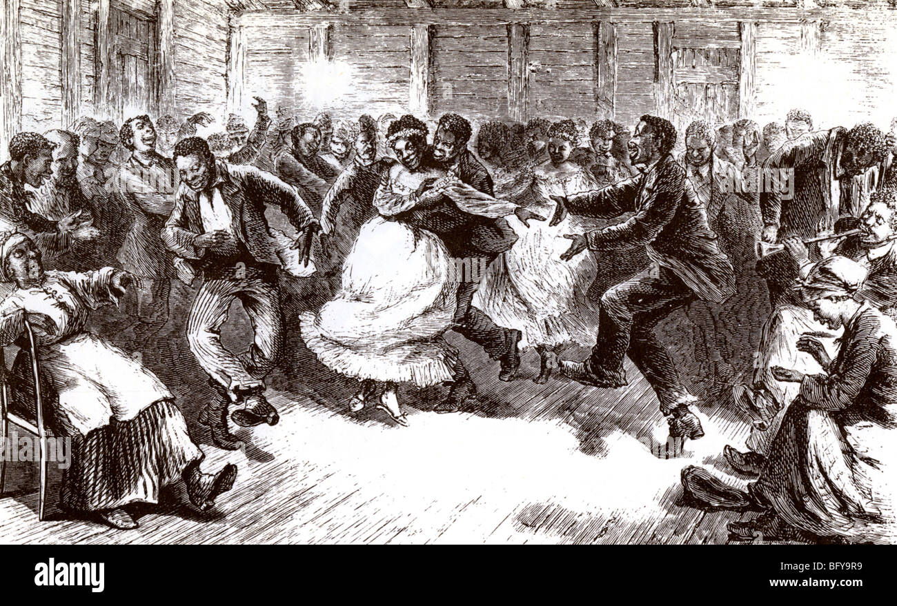 Sklaverei - amerikanische Plantagenarbeiter amüsieren sich bei einem Stall-Tanz Stockfoto