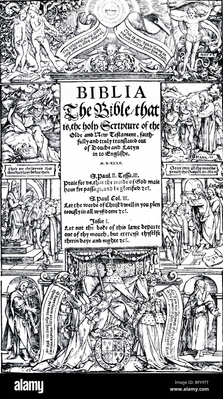 COVERDALE BIBEL 1539. Frontespiece der großen Bibel produziert von Miles Coverdale für Heinrich VIII. Stockfoto