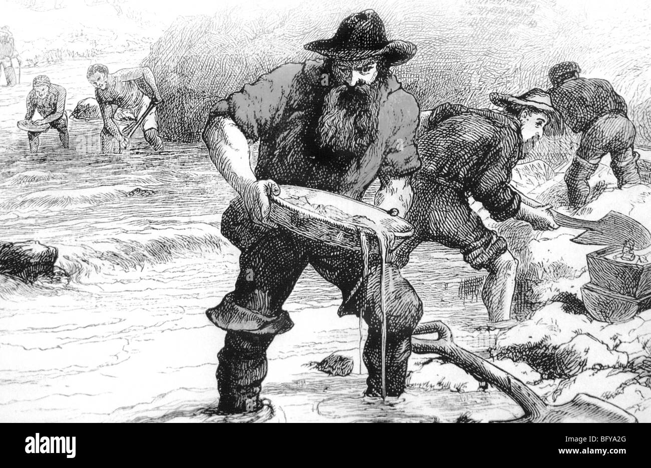 PANNING für GOLD während des kalifornischen Goldrausches 1849 Stockfoto