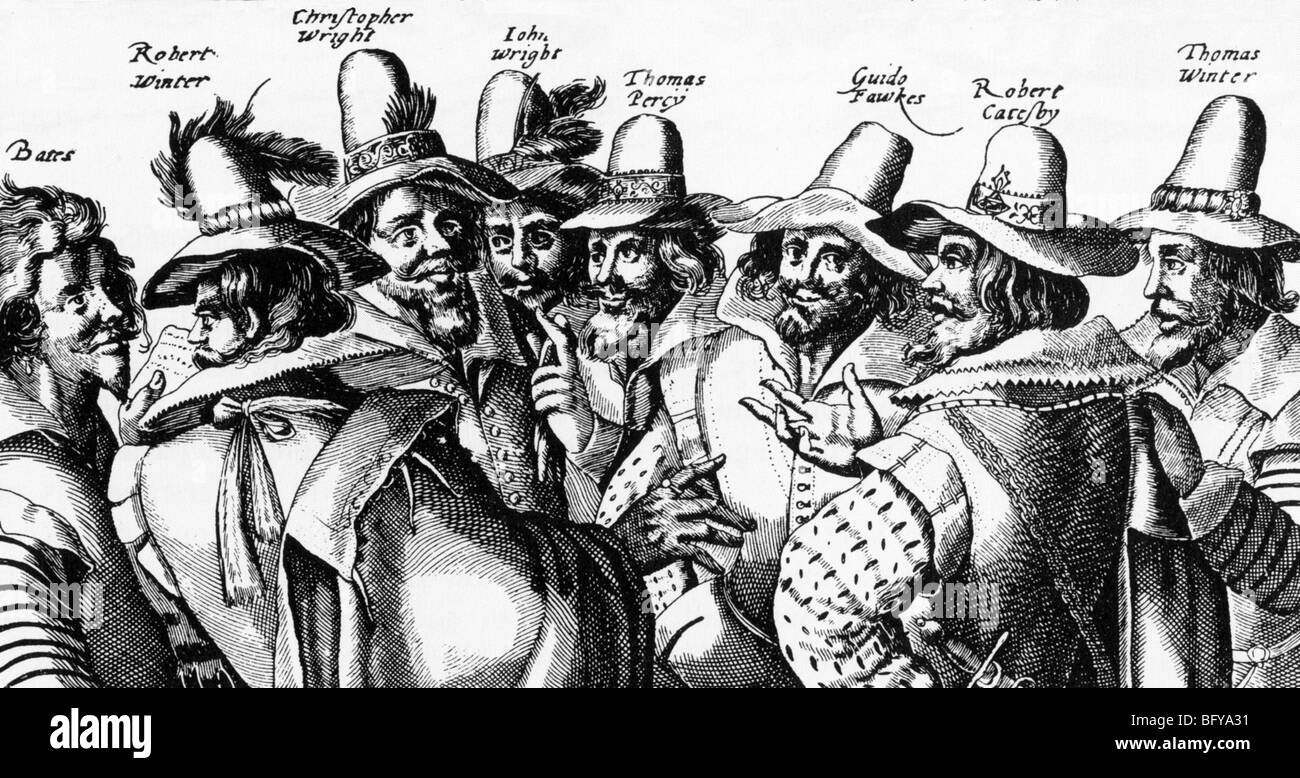GUNPOWDER PLOT VERSCHWÖRER 1605 mit Guy Fawkes Dritter von rechts neben der Leiter Robert Catesby Stockfoto